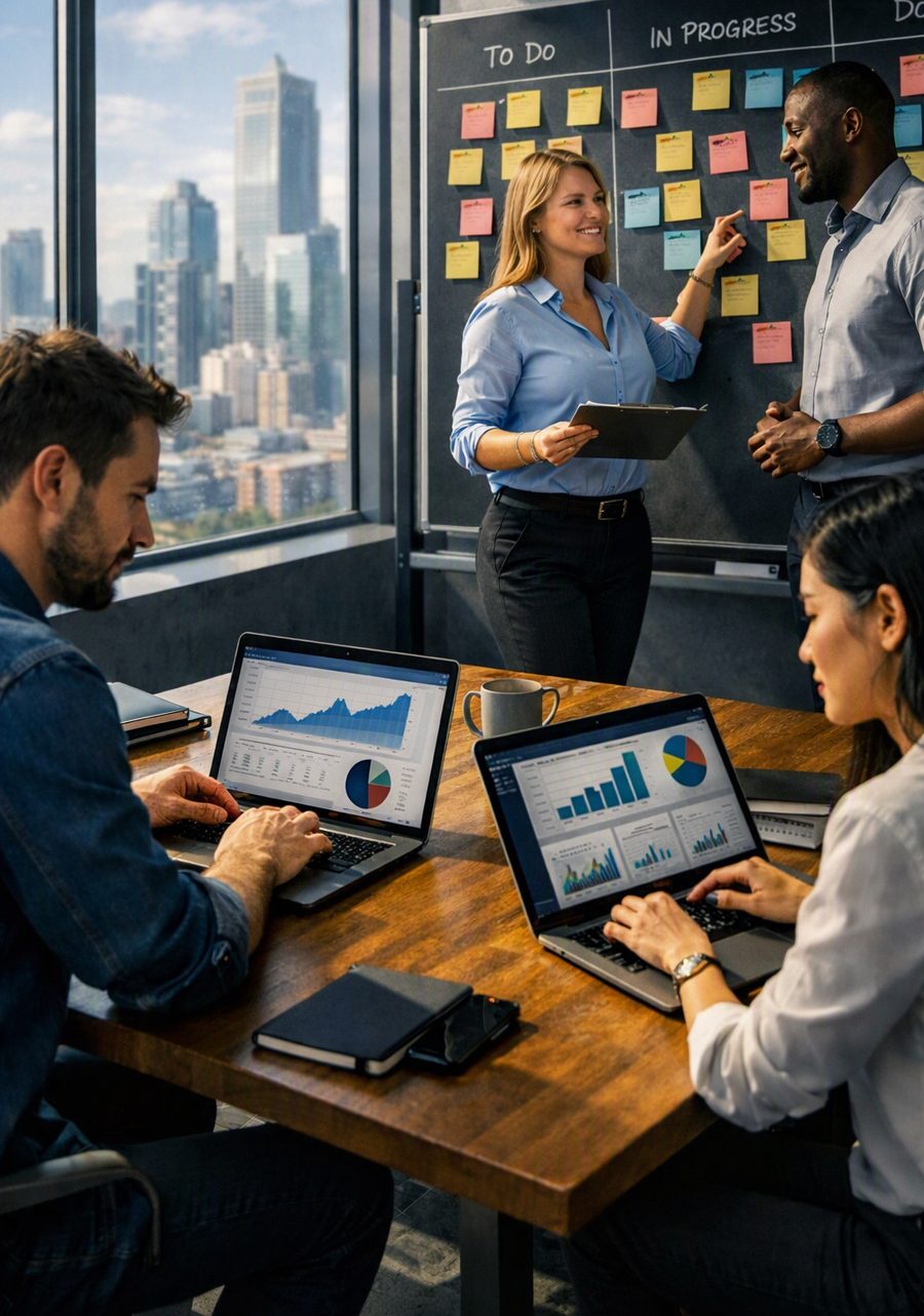 A project team collaborating around a Kanban board and data dashboards